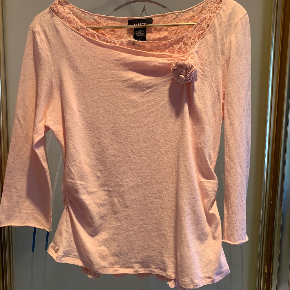 TOP SOFT SURROUNDINGS PULLOVER OFF THE SHOULDER LACE UNDER SHIRT FLORAL SIZE L